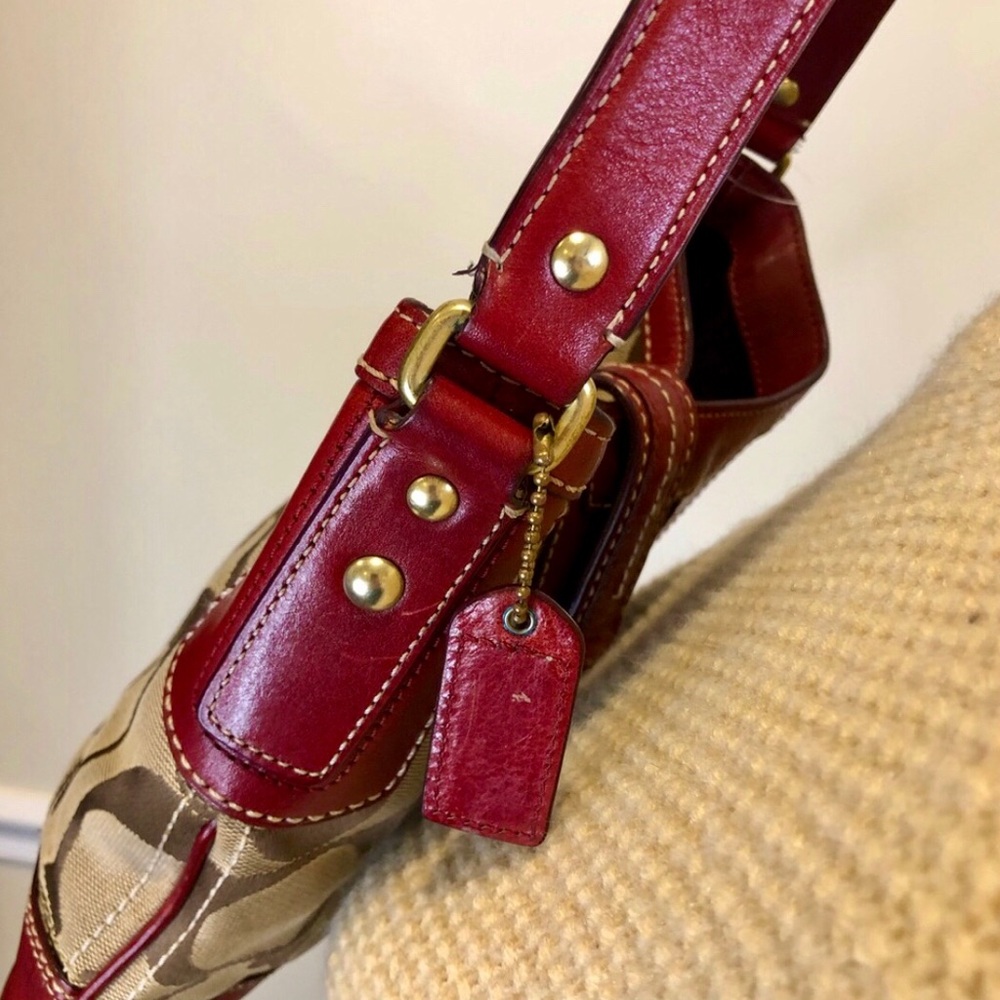 COACH Hampton Signature C Canvas Crimson Red Leather Embroidered Shoulder Bag - Picture 6 of 16